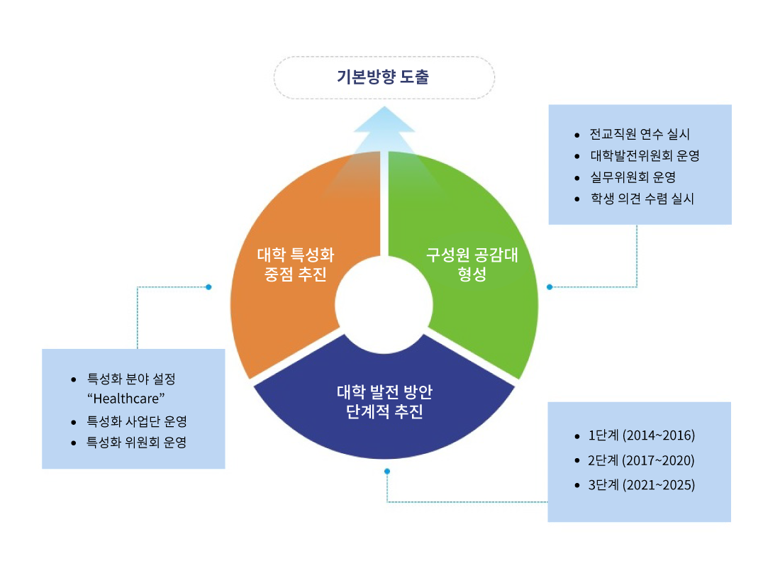 대학 특성화 중점 추진-특성화 분야 설정'Healthcare',특성화 사업단 운영,특성화 위원회 운영/구성원 공감대 형성-전교직원 연수 실시,대학발전위원회 운영,실무위원회 운영,학생 의견 수렴 실시/대학 발전 방안 단계적 추진-1단계(2014~2016),2단계(2017~2020),3단계(2021~2025)
